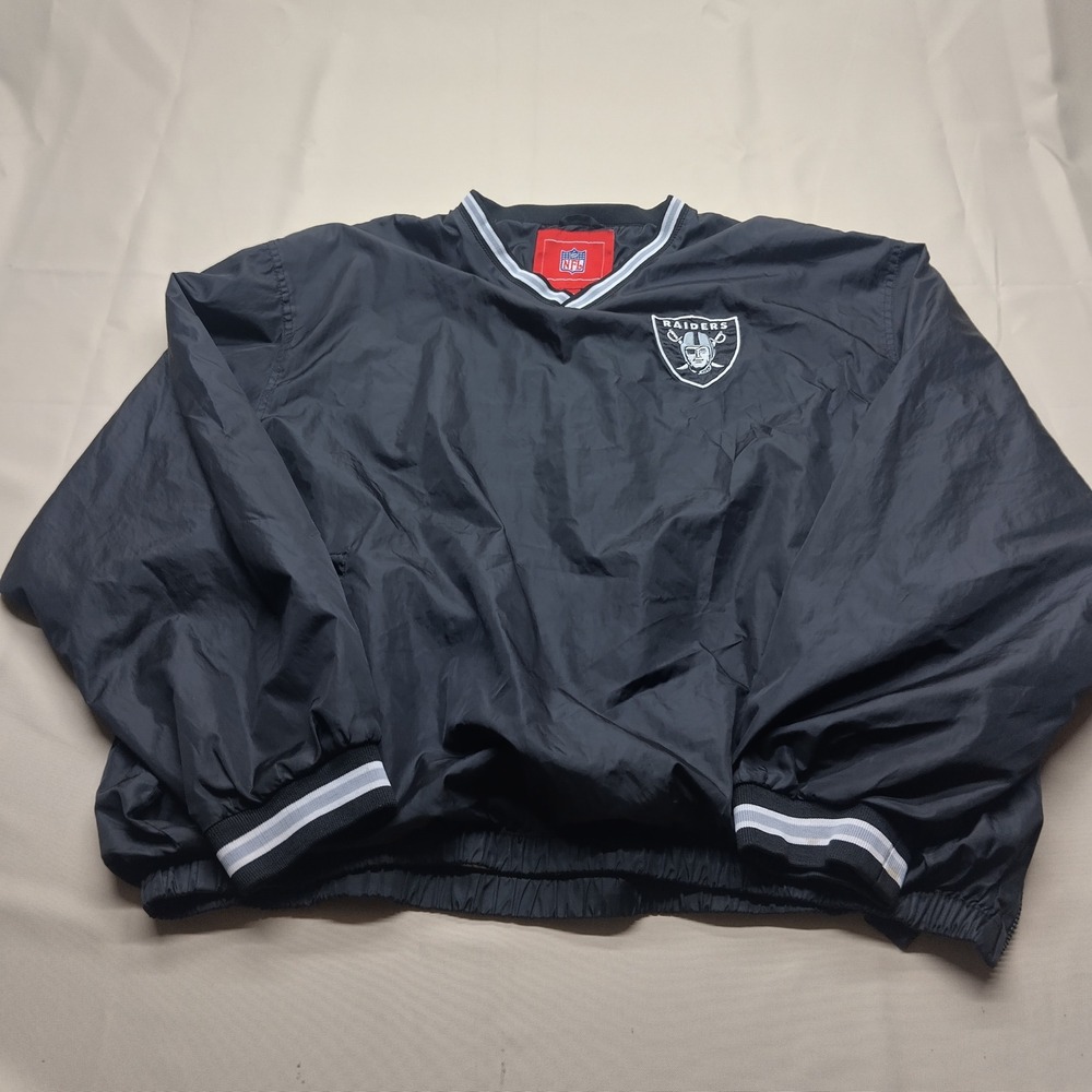 Vintage NFL Oakland Raiders Windbreaker V-Neck Pullover Jacket Black Mens XL